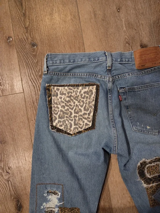 LEVI Button Fly 501 32x34 Upcycled Patchwork Jeans By ThreadsReclaimed - Picture 14 of 16